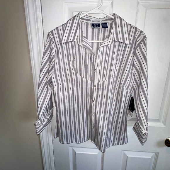 Dcc Missy Tops - DCC Missy, large striped stretchy dress blouse. Pale purple, black and white.